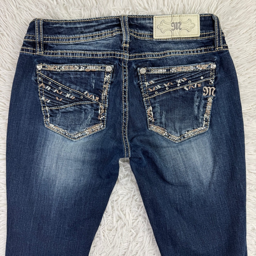 Miss Me Pants Womens 27 Blue Cuffed Straight Leg Denim Jeans Pocket Embellished